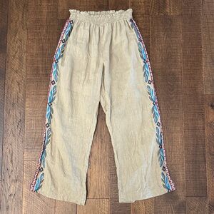 Johnny Was JW Los Angeles Side Slit Linen Embroidered Pants